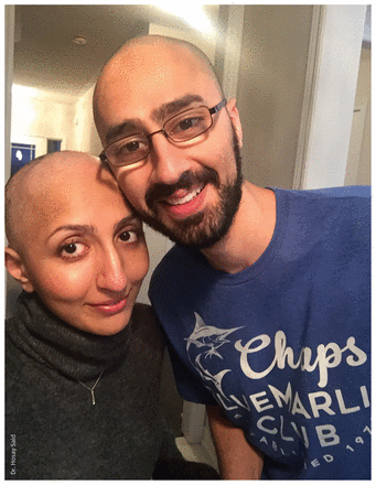 Photo of the author and her husband, Karim, who shaved his head in solidarity to make the physical and emotional changes of cancer more bearable..
