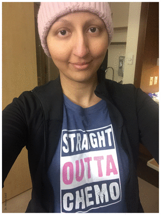 Photo of the author wearing a t-shirt that reads "Straight outta chemo".
